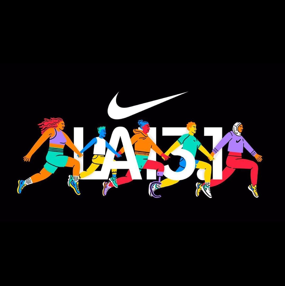Diverse group of runners in sportswear leaping together on a black background with Nike logo and 'LA13.1' text graphic.