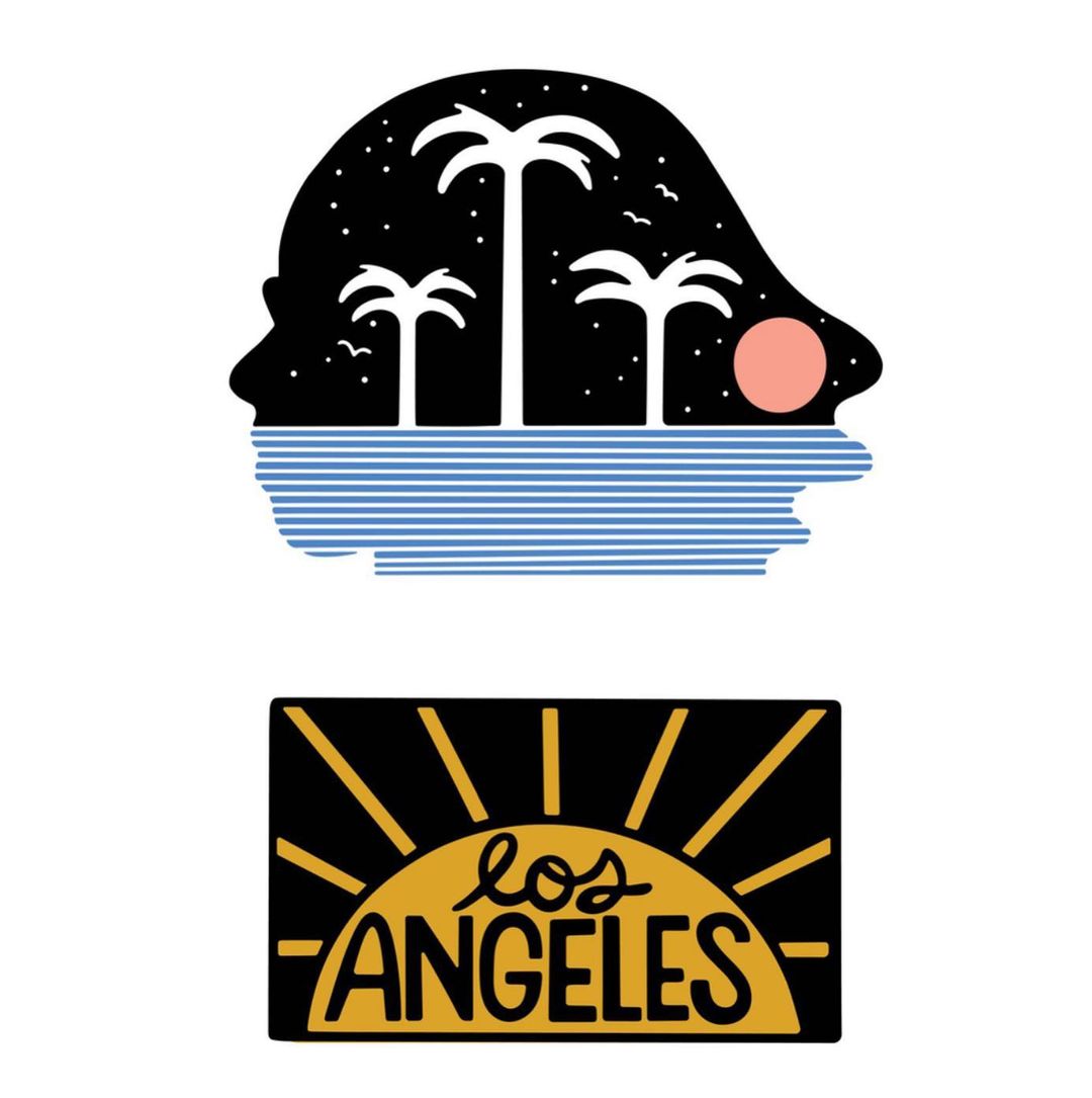 Graphic art of palm trees and ocean waves inside an abstract head silhouette, paired with the script “Los Angeles” and sun rays.