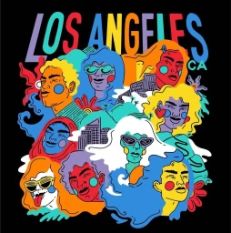 Colorful vector illustration of diverse people with bold graphic styling and Los Angeles text by illustrator Kelly Malka.