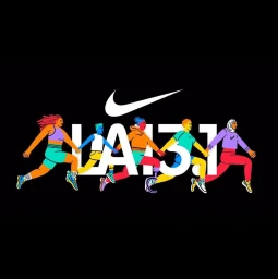 Colorful digital illustration of diverse runners linked together under a white Nike logo and typography against a black background.