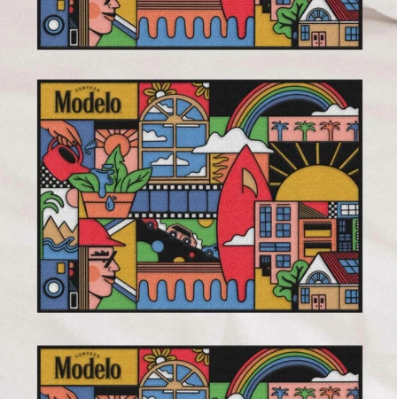 Colorful illustrated patchwork design featuring Modelo branding, surfboards, rainbows, and stylized architectural scenes.