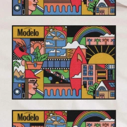 Colorful illustrated patchwork design featuring Modelo branding, surfboards, rainbows, and stylized architectural scenes.
