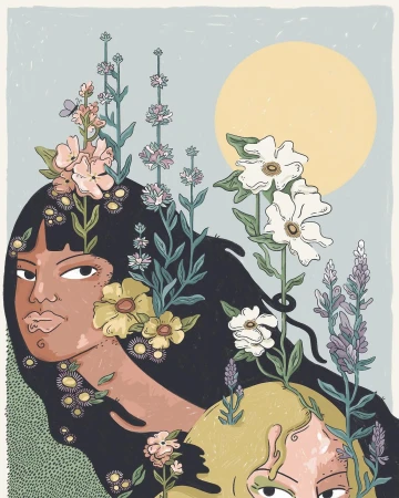 Illustration by Kelly Malka showing two women with flowers growing from their hair against a pale blue sky with a yellow sun.