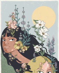 Illustration by Kelly Malka showing two women with flowers growing from their hair against a pale blue sky with a yellow sun.