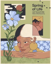 Illustrated poster by Kelly Malka featuring a woman with split dark and light hair resting her chin on folded hands