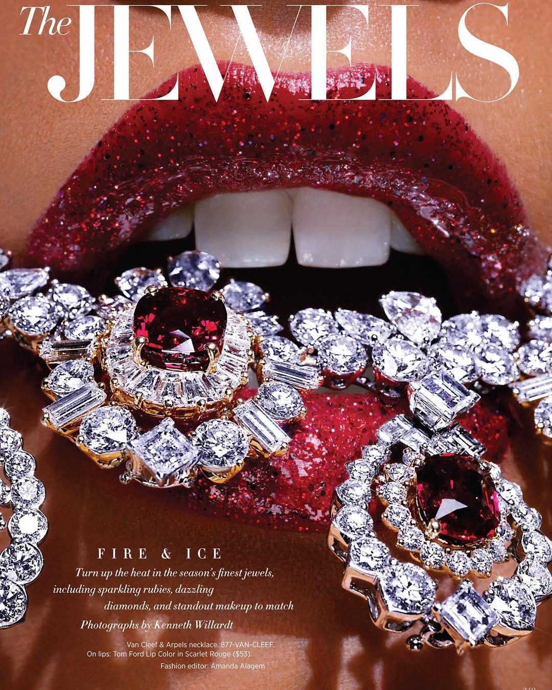 Close-up studio shot showcases a woman's mouth with glittering ruby lipstick, white teeth, and diamond and ruby jewelry.