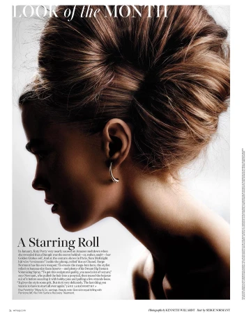 Close-up profile of a woman with an elaborate voluminous updo hairstyle and a silver earring against a neutral background