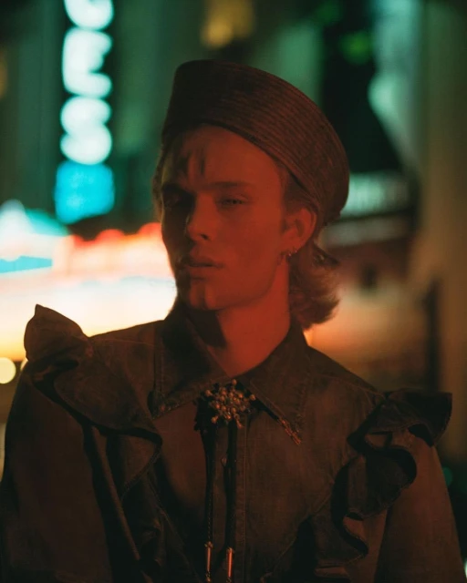 Close-up portrait of a stylish adult male in a vintage ruffled shirt and hat against an urban neon-lit cityscape backdrop at night.