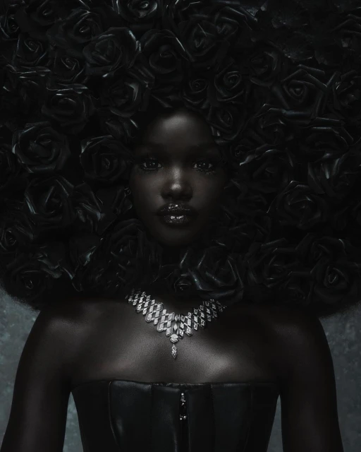 Close-up portrait of a Black woman with black rose hair adornment, wearing a black strapless top and a diamond necklace against a grey background.