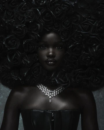Close-up portrait of a Black woman with black rose hair adornment, wearing a black strapless top and a diamond necklace against a grey background.