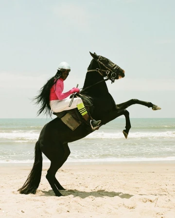 Woman in riding gear poses on a rearing black horse on a sandy beach with a blue sky. Fashion-forward equestrian image.