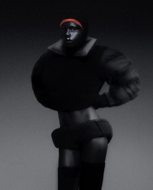 Dark-skinned person in a dark outfit and head covering poses in a studio, showing skin at midriff and upper thigh.
