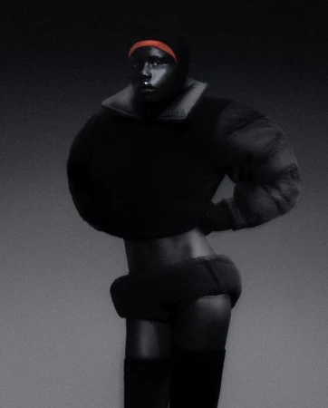 Dark-skinned person in a dark outfit and head covering poses in a studio, showing skin at midriff and upper thigh.
