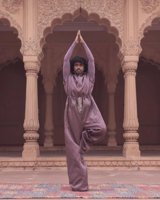 Man in a purple jumpsuit doing a yoga tree pose outdoors in front of ornate architecture, with hands raised above his head.