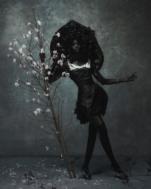 An African American woman is posing in a dark dress and sculptural headpiece, standing next to a small blossoming tree in a moody, grey studio.