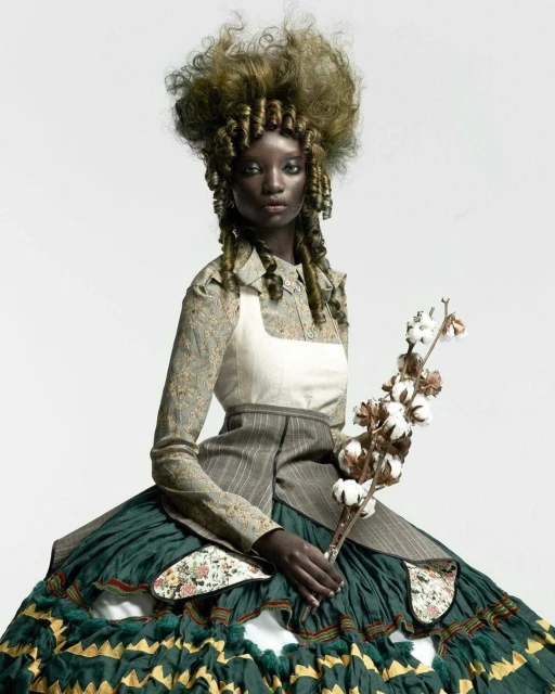 A dark-skinned woman wearing a voluminous green dress, elaborate curly hairstyle, and period costume is holding cotton branches in a studio shot.