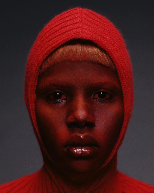Close-up studio portrait of a person with face and red knit balaclava illuminated by diffused lighting against a grey background.