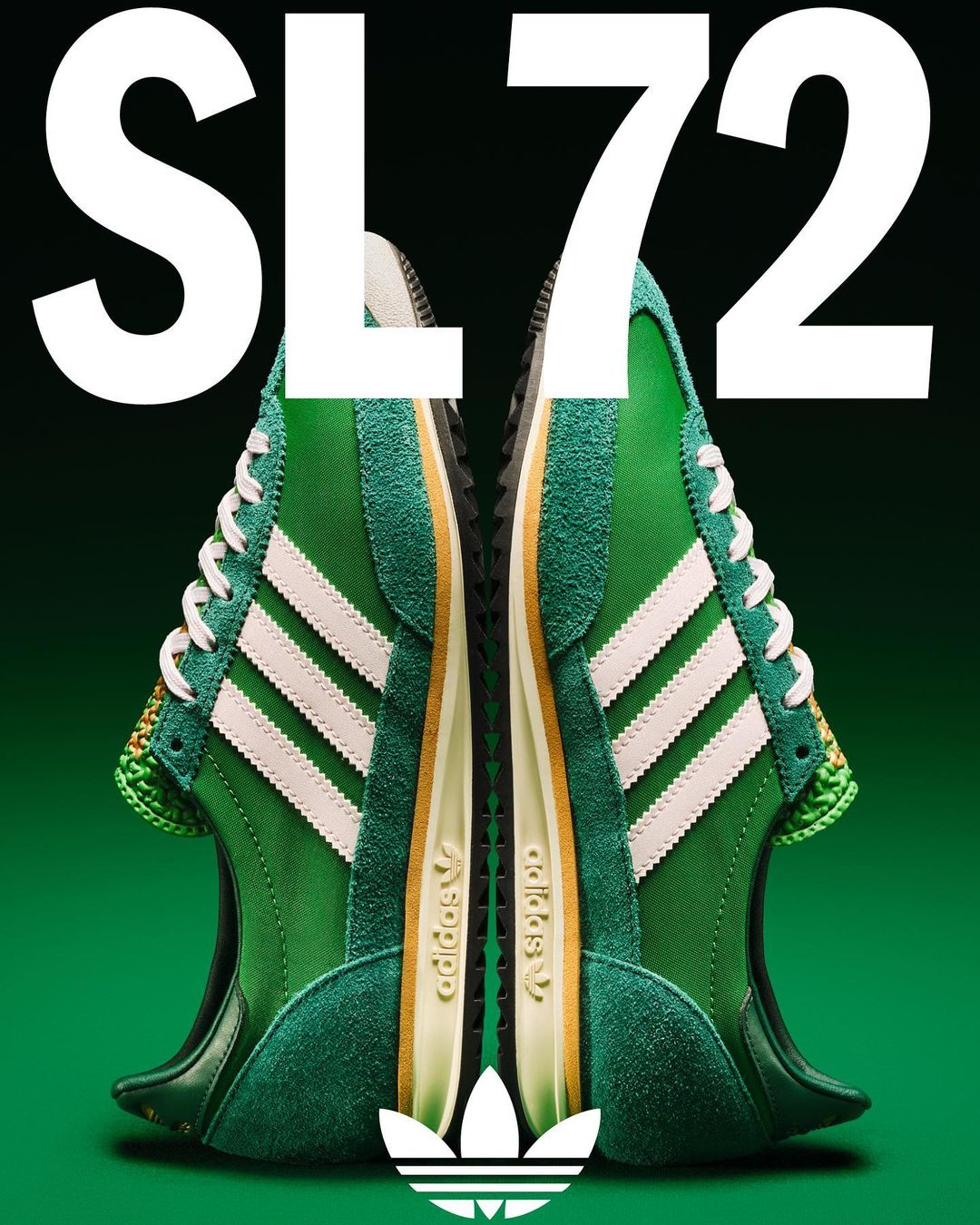 Two green Adidas SL 72 sneakers are displayed with white stripes and laces against a green and black gradient background.