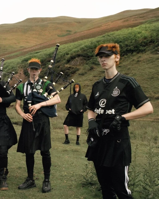 Group of four people wearing kilts and football jerseys standing in a hilly, grassy landscape with bagpipes. Outdoor shot, fashion.