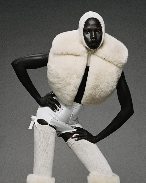 A woman with dark skin and a shaved head poses in an off-white fur vest, white high-waisted shorts, and thigh-high socks against gray.