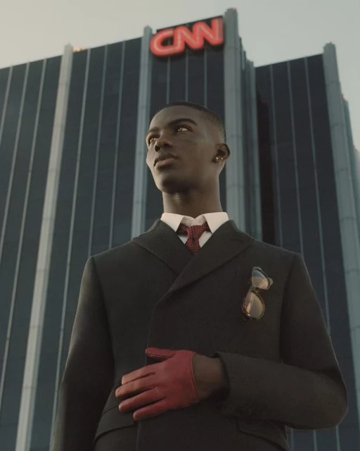 Stylish black male model in a dark suit with a red glove, posing in front of the CNN building, creating a formal and powerful aesthetic.