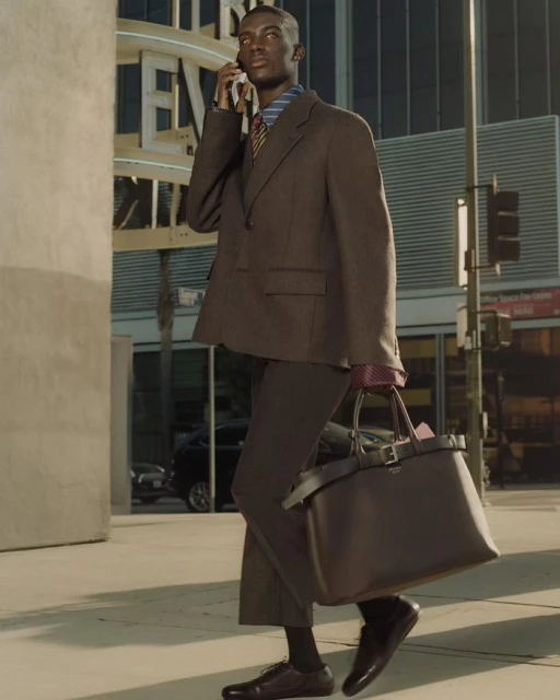 An African-American man in a brown suit walks through the city while talking on his cell phone, carrying a large brown tote bag.