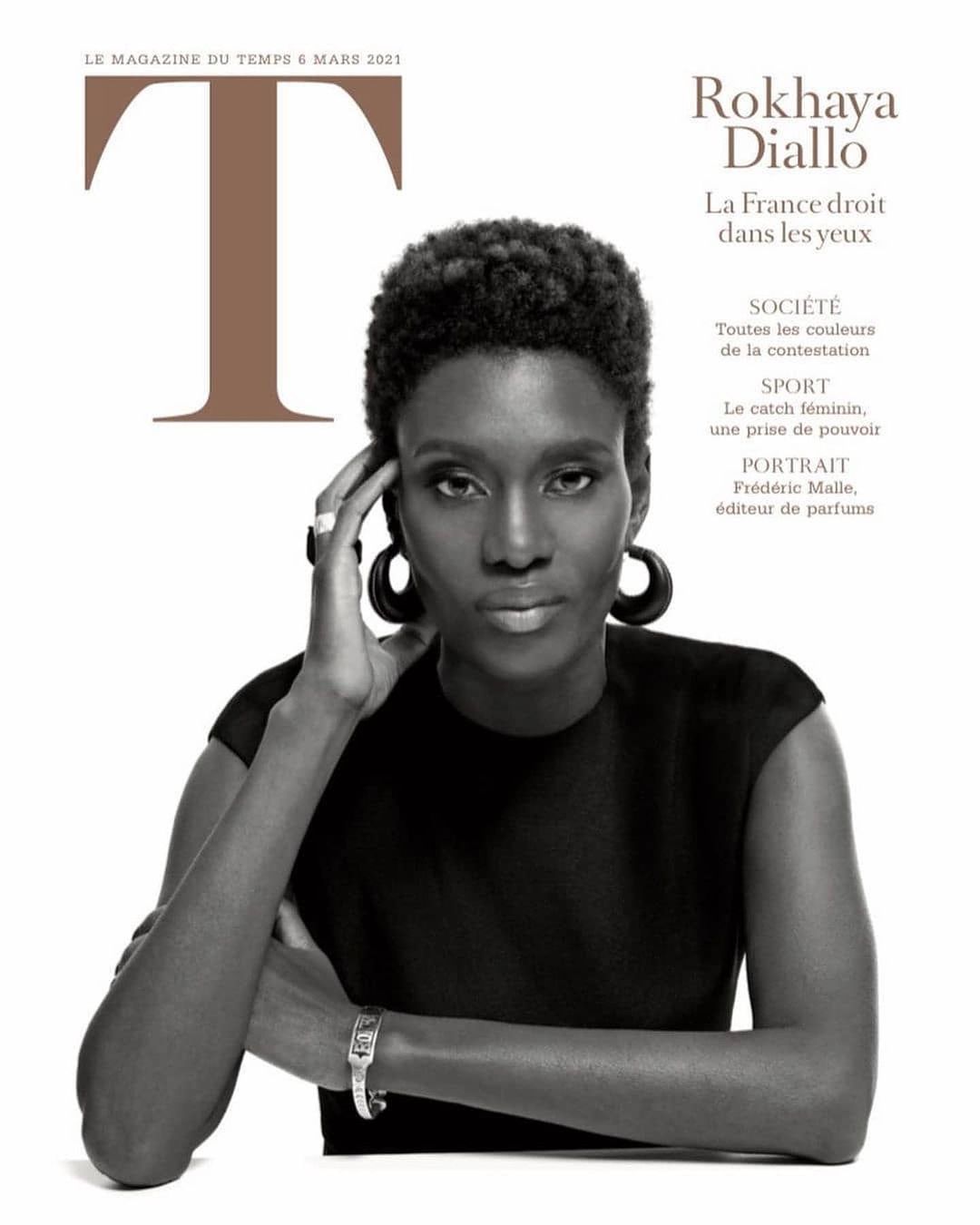 Magazine cover featuring portrait of Rokhaya Diallo, an adult female with short afro hair wearing a black dress and large hoop earrings.