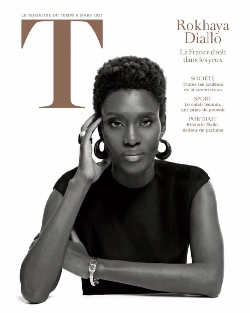 Magazine cover featuring portrait of Rokhaya Diallo, an adult female with short afro hair wearing a black dress and large hoop earrings.