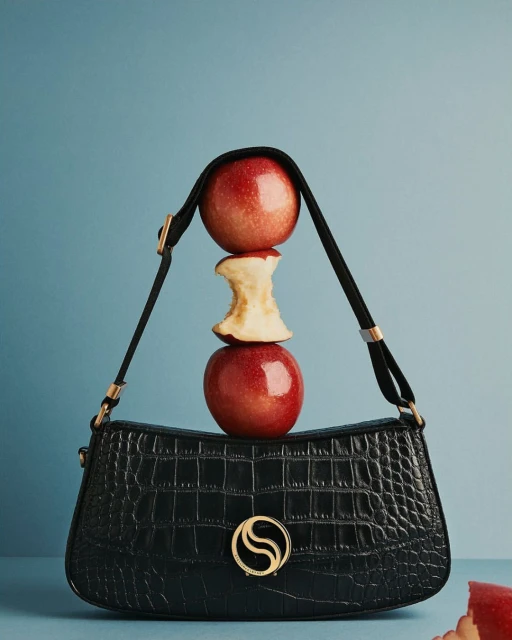 Fashion still life featuring a black crocodile-textured purse balanced with two red apples and an apple core, set against a blue background.