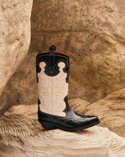 Cowboy boot stands out in this studio product shot, showcasing the stitching details and color contrasts against a textured backdrop.