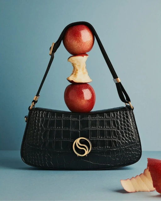Crocodile-patterned handbag with black straps, topped with an apple stack, set against a serene blue backdrop in a studio product shot.
