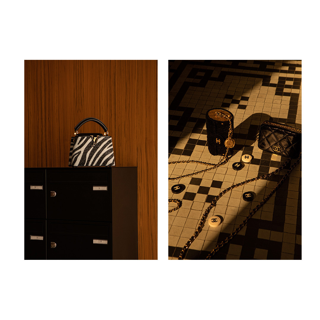 Two photos showcase fashion handbags: one with a zebra print on a black cabinet, the other with Chanel bags and accessories on a tiled floor.