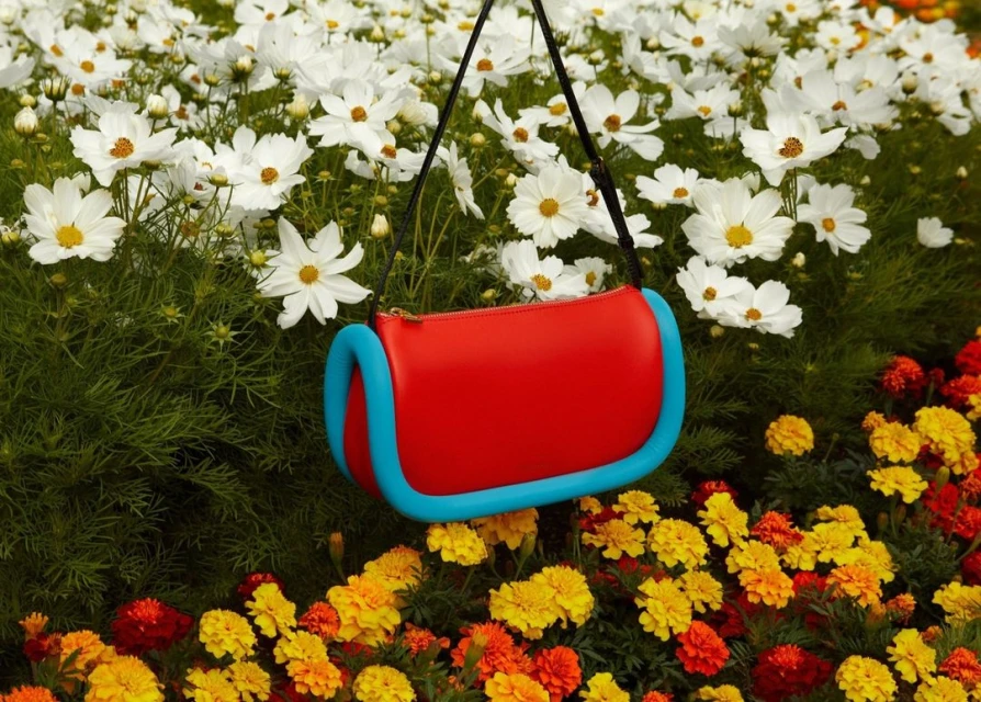 Vibrant red purse with a light blue trim, suspended in a field of colorful daisies under natural daylight, fashion accessory.