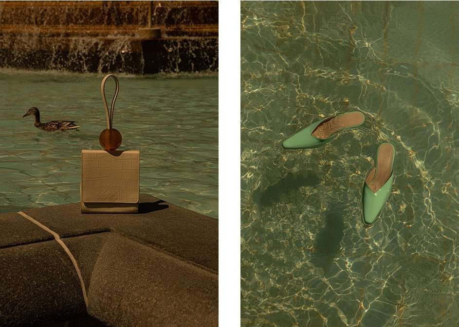 Diptych product photography by Kenny Whittle featuring a cream handbag and green mules by a sunlit pool with a duck