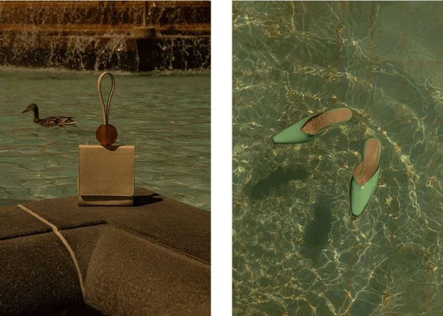 Diptych product photography by Kenny Whittle featuring a cream handbag and green mules by a sunlit pool with a duck