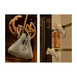 Two panel fashion photography featuring a gathered grey handbag hung on gold monogram hooks and white ankle boots mounted on building exterior.