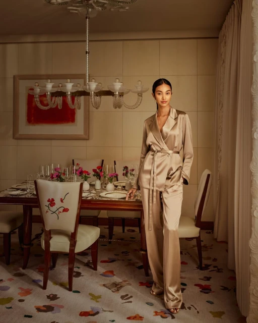 A slender woman in a bronze silk suit stands in a dining room with a table set for dinner, soft light and elegant floral carpet.