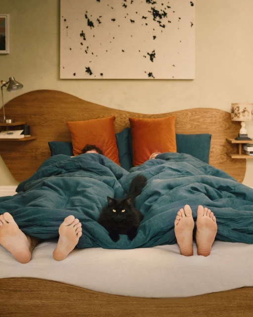 Two people under a blanket with a black cat, only their feet are visible at the end of the bed in a neutral-toned room.