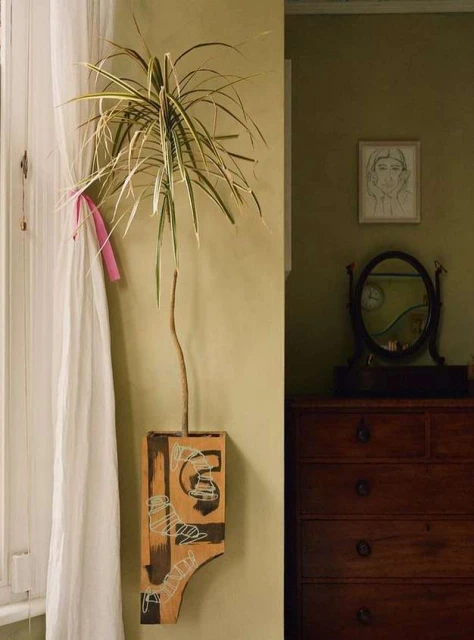 Indoor shot of potted houseplant displayed on a wall-mounted wooden shelf with painted designs, next to a vintage dresser.
