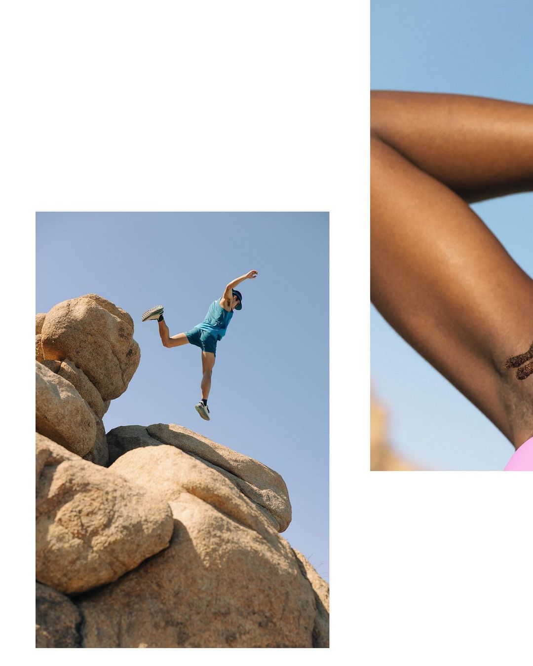 An adult male wearing athletic clothing jumps from a rock formation against a clear blue sky in a desert setting.