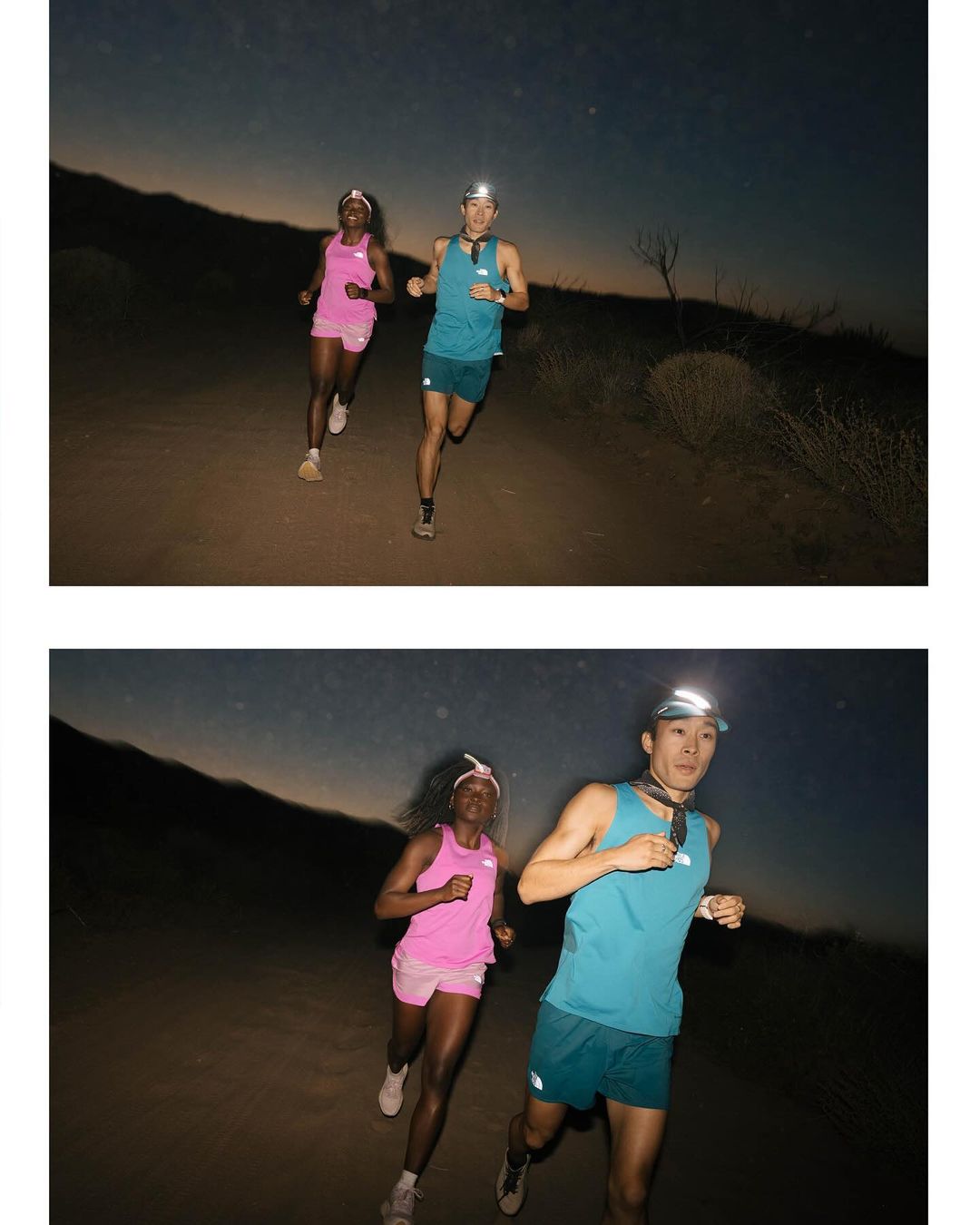 Two athletic runners with headlamps navigate a rugged desert trail under a dusk sky, wearing sporty tank tops and shorts for an evening workout.