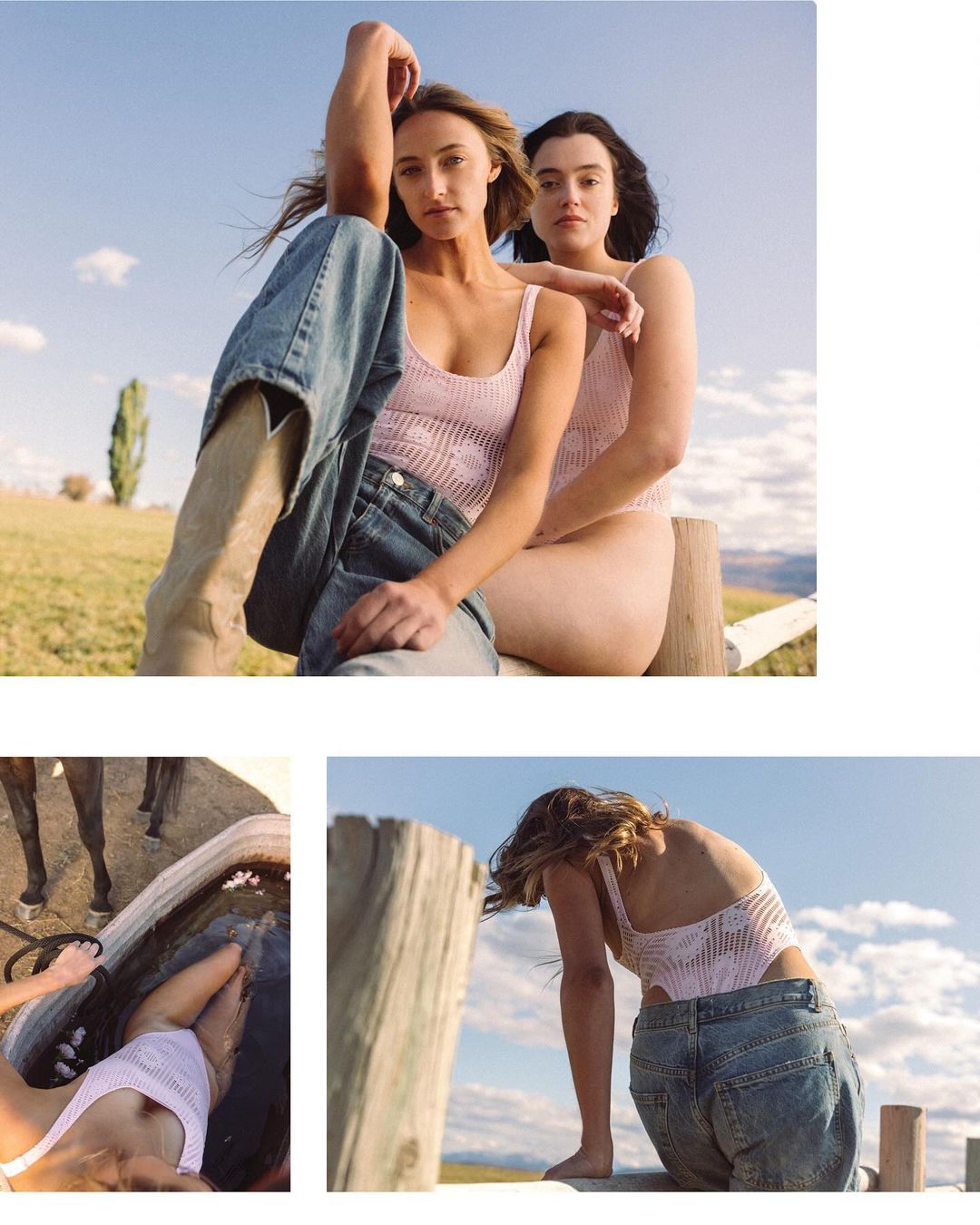 Two women pose in front of a field and blue sky. One wears jeans and cowboy boots. Both wear pale pink tops. Summer fashion.