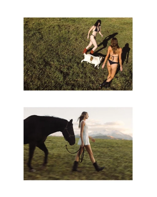 Two women in swimwear walk with a goat in a field, and a woman walks a horse in a field with mountains in the background.