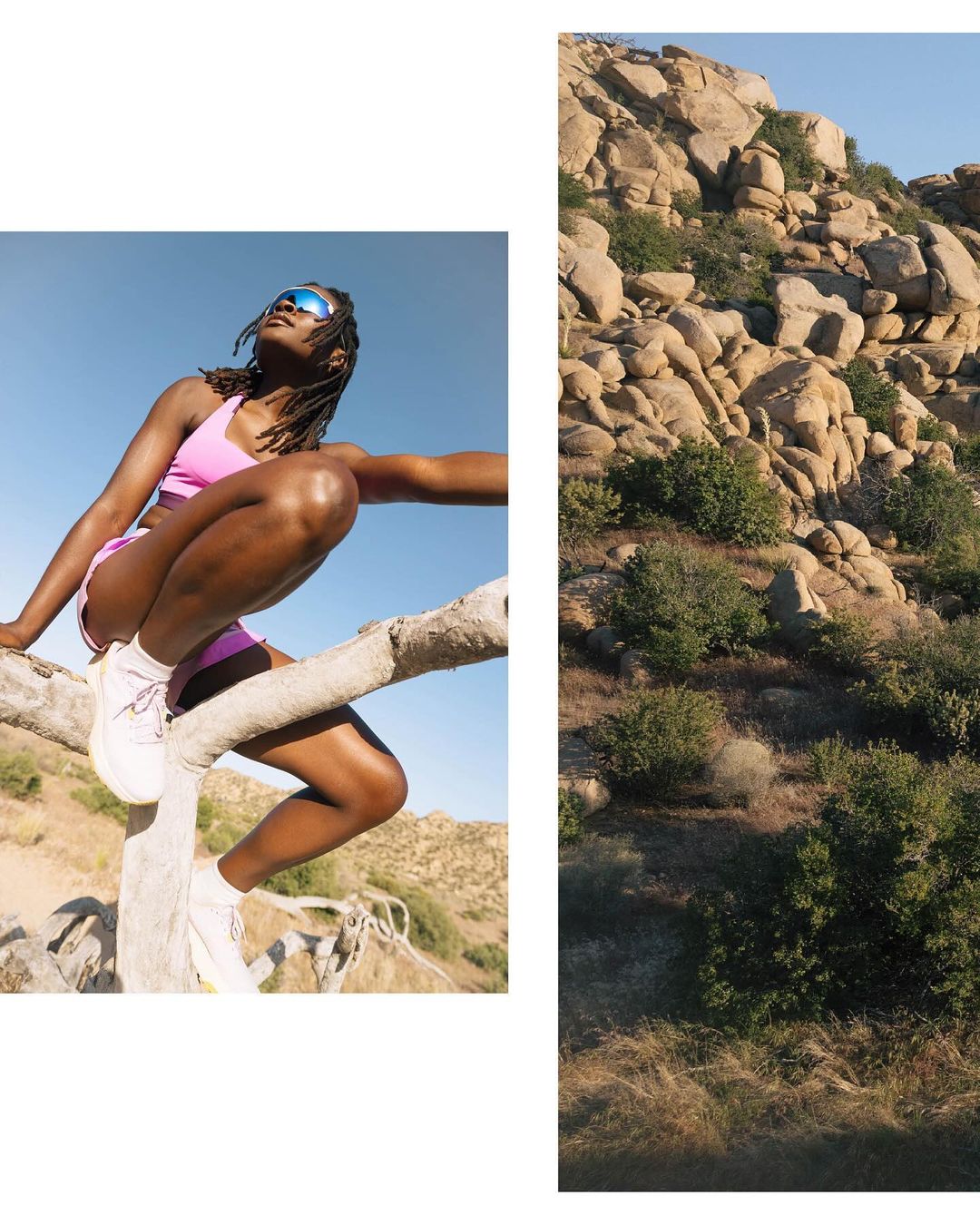Athletic woman in fitness apparel poses on a tree branch with a mountain landscape backdrop on a sunny day with clear sky.