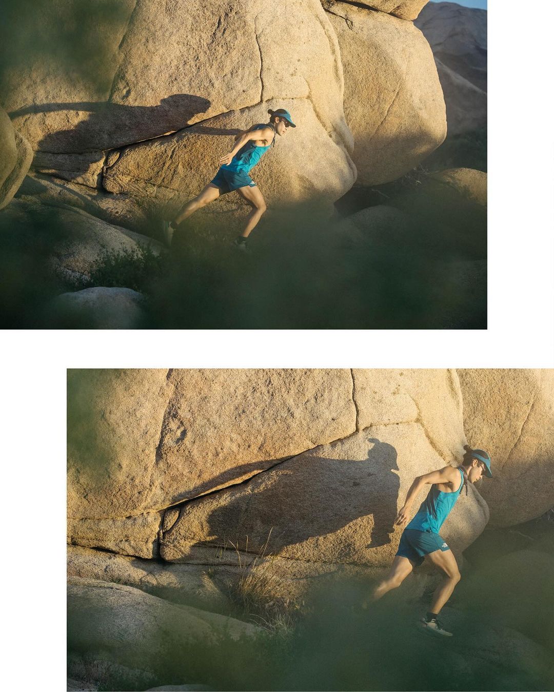 Athletic woman in sportswear trail running on rocky terrain in golden sunlight, captured in a dynamic composition. 