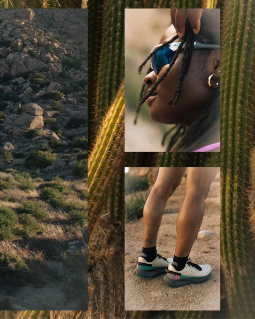 Profile of Black woman with dreadlocks wearing sunglasses alongside lower legs in running shoes; desert mountain backdrop and cactus plants.