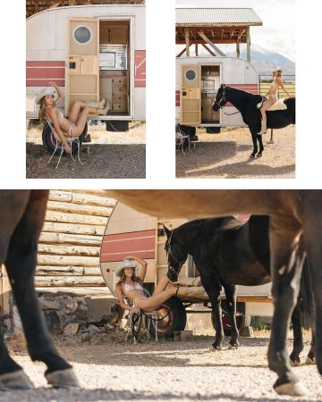 Female model poses on a chair next to a vintage trailer and horses in a rural setting on a sunny day, wearing a cowboy hat.