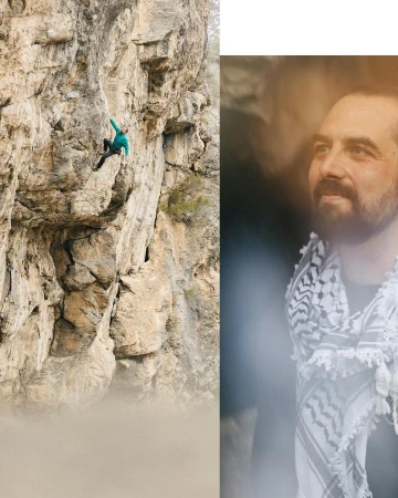 Adult rock climber ascending a textured rock face in an outdoor setting, contrasted with a portrait of a man wearing a keffiyeh.