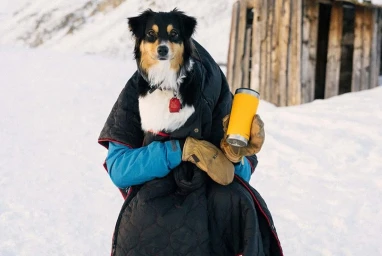 An Australian Shepherd dog wrapped in a black quilted blanket holding a yellow travel mug in a snowy mountain landscape