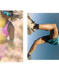 Split view of an athlete running in pink athletic wear and sunglasses, alongside a low-angle shot of running legs against clear sky